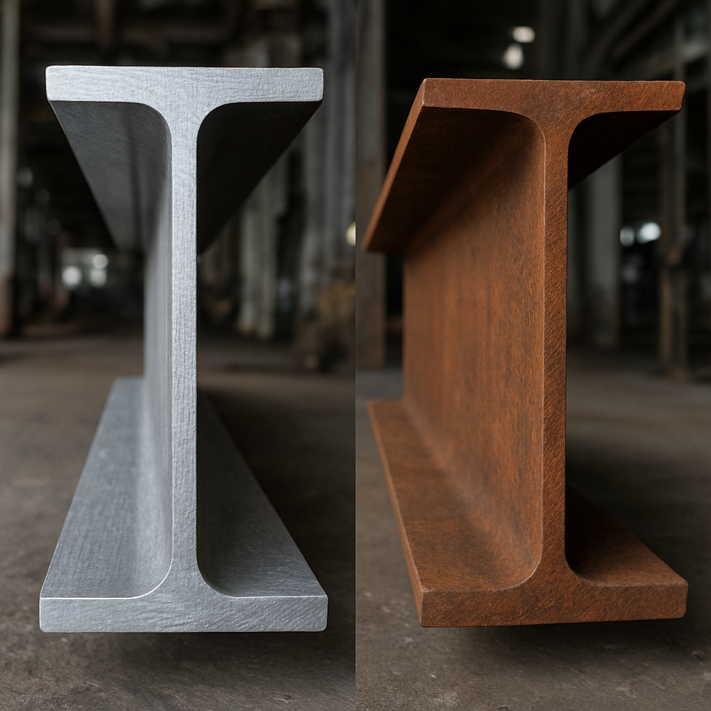After: heavy rusted structural steel beam before and after laser cleaning to clean metal
