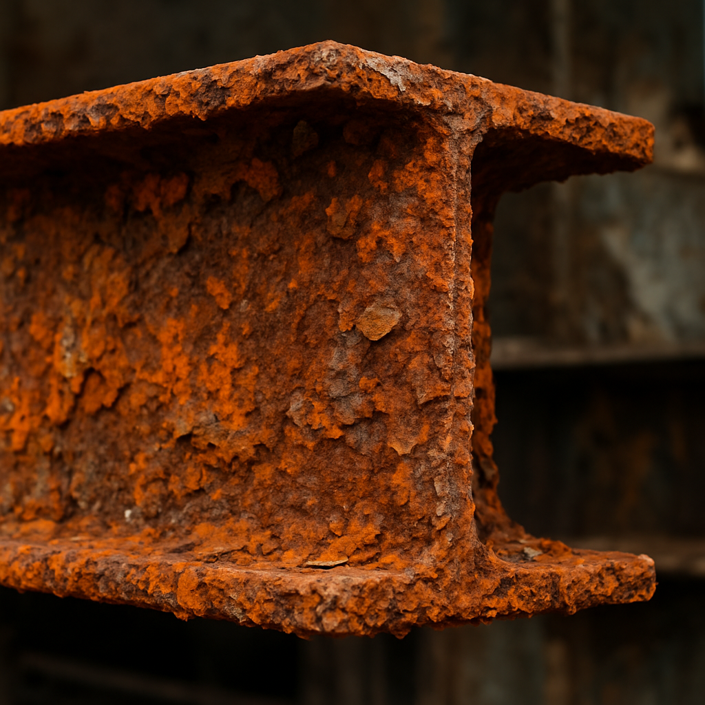 Before: heavy rusted structural steel beam before and after laser cleaning to clean metal