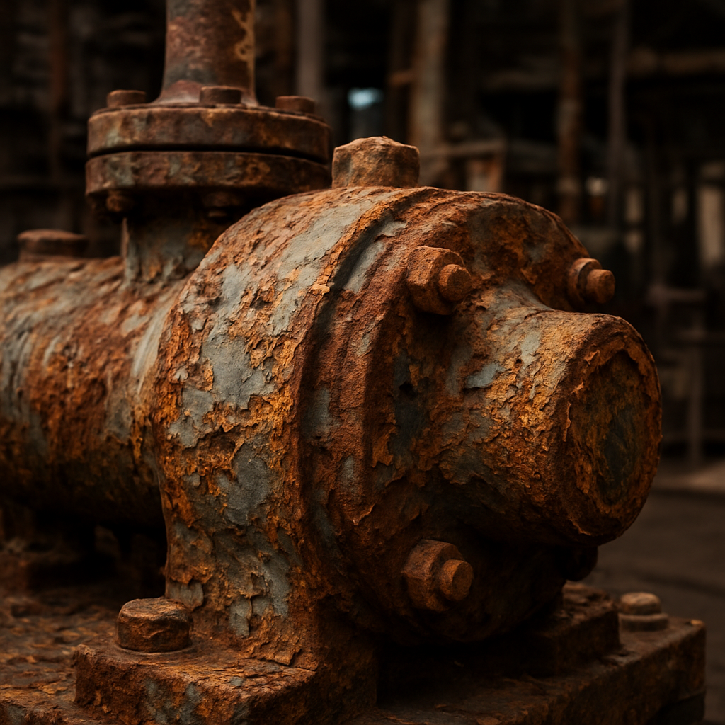 Before: rusted industrial machinery part before and after laser cleaning