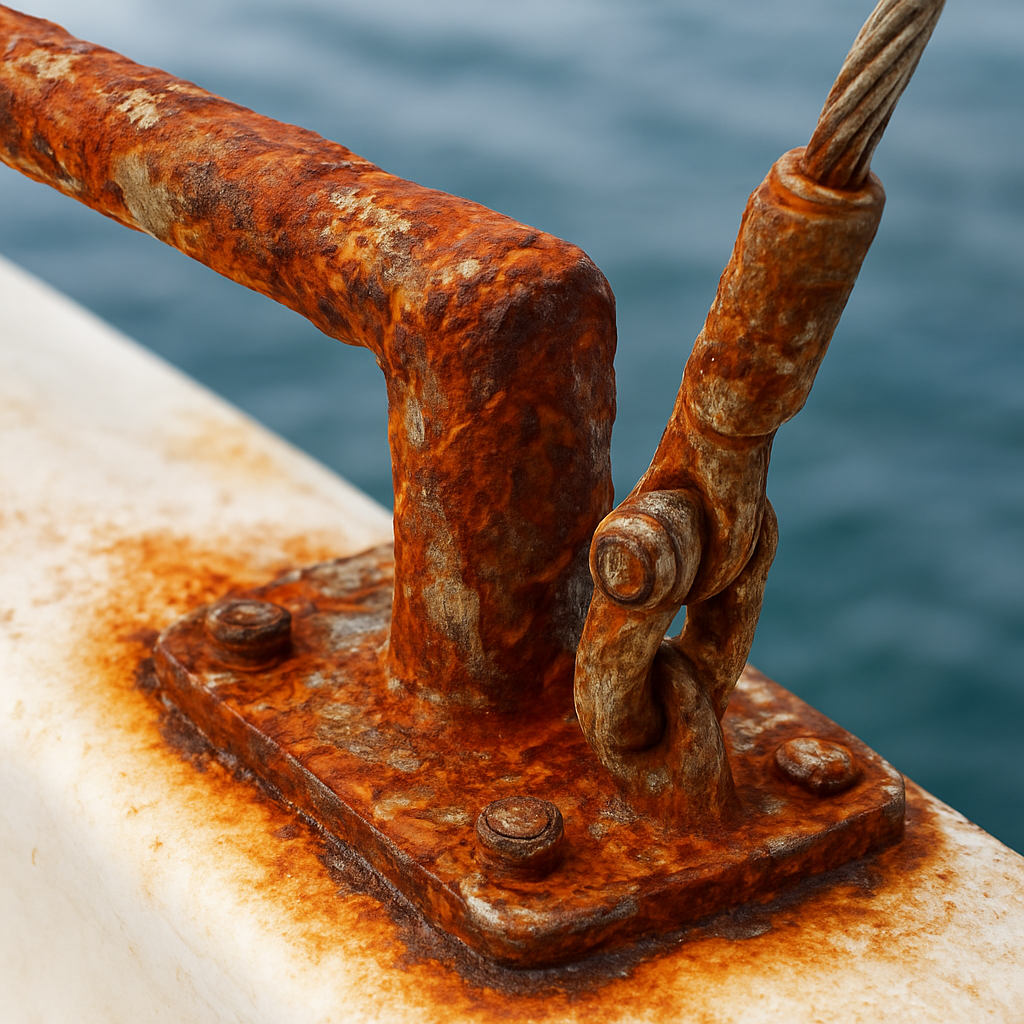 Before: stainless steel yacht railing before and after laser cleaning